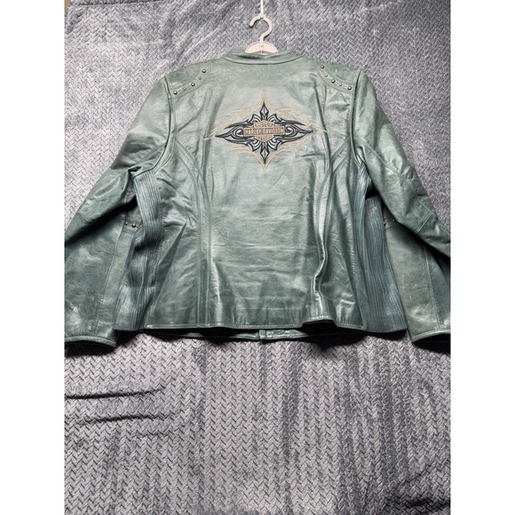 Harley-Davidson Women's 3X Green Leather Jacket Studded ‎ Embroidered Back Logo - Picture 1 of 16